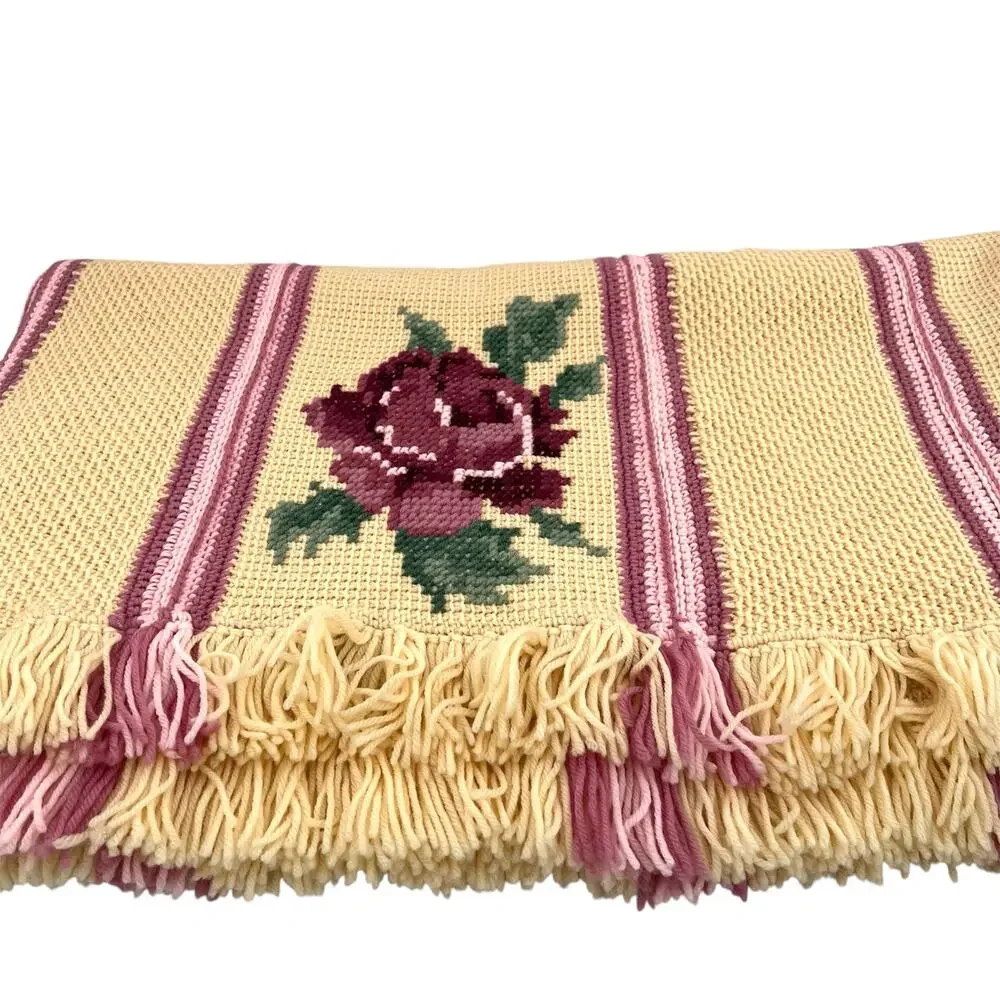 Vintage hand knitted cross stitch embroidered roses stripes wool throw blanket